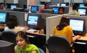 Women work at a call centre